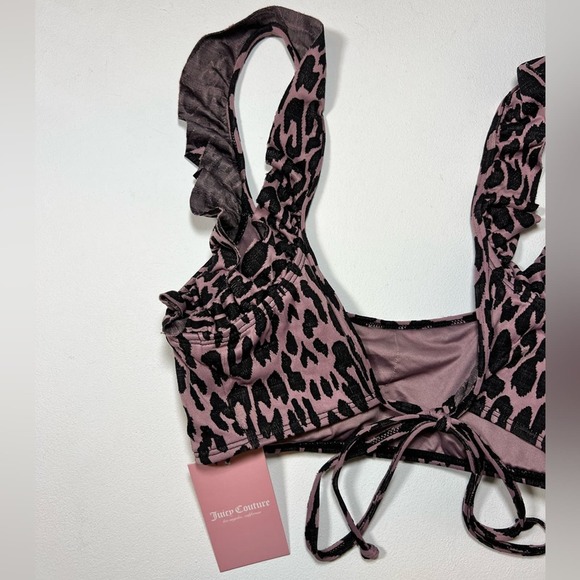 🆕 NWT Juicy Couture Leopard Bikini Swimsuit Bralette Ruffle Tie Back Size Large - Picture 11 of 16